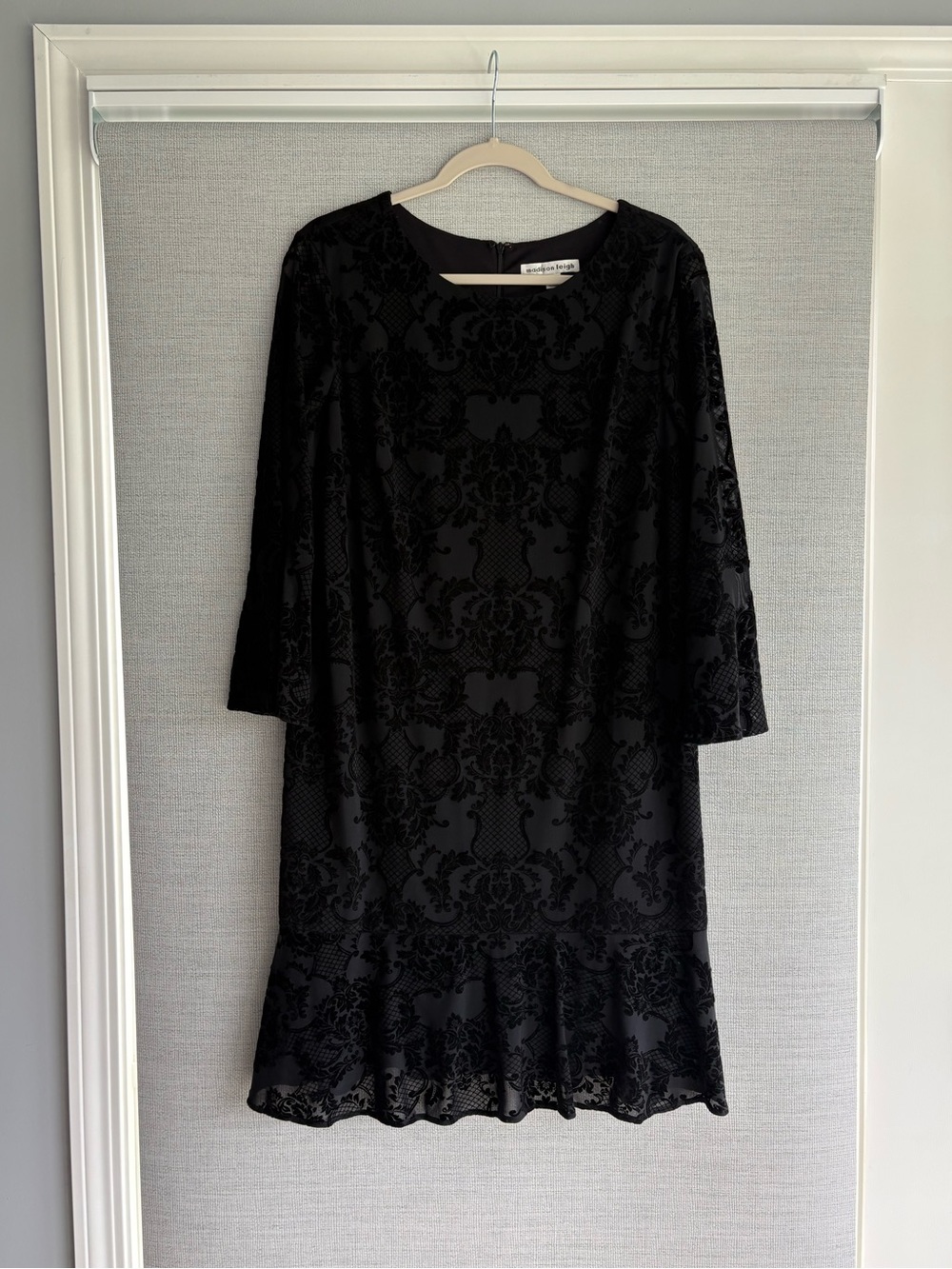 madison leigh Black Velvet Burnout 3/4 Sleeve Ruffle Hem Dress